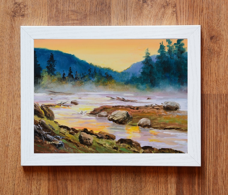 Original river painting, Madison river art, Yellowstone national park wall art, Rustic country art, Cabin decor, Montana landscape artwork White frame