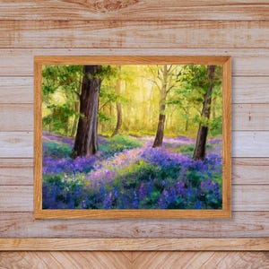 May include: A painting depicting a woodland scene with tall trees and a path winding through a field of purple wildflowers. Sunlight streams through the trees, creating a warm and inviting atmosphere.