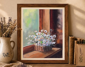 Daisy still life art PRINT, Flower bouquet painting, Rustic kitchen wall art, Floral still life artwork, Antique oil painting, Cottage decor