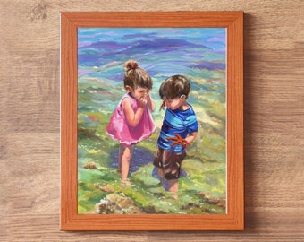 子供たちが遊ぶオリジナル油絵、夏の写実的な油絵（パネル）、感情豊か