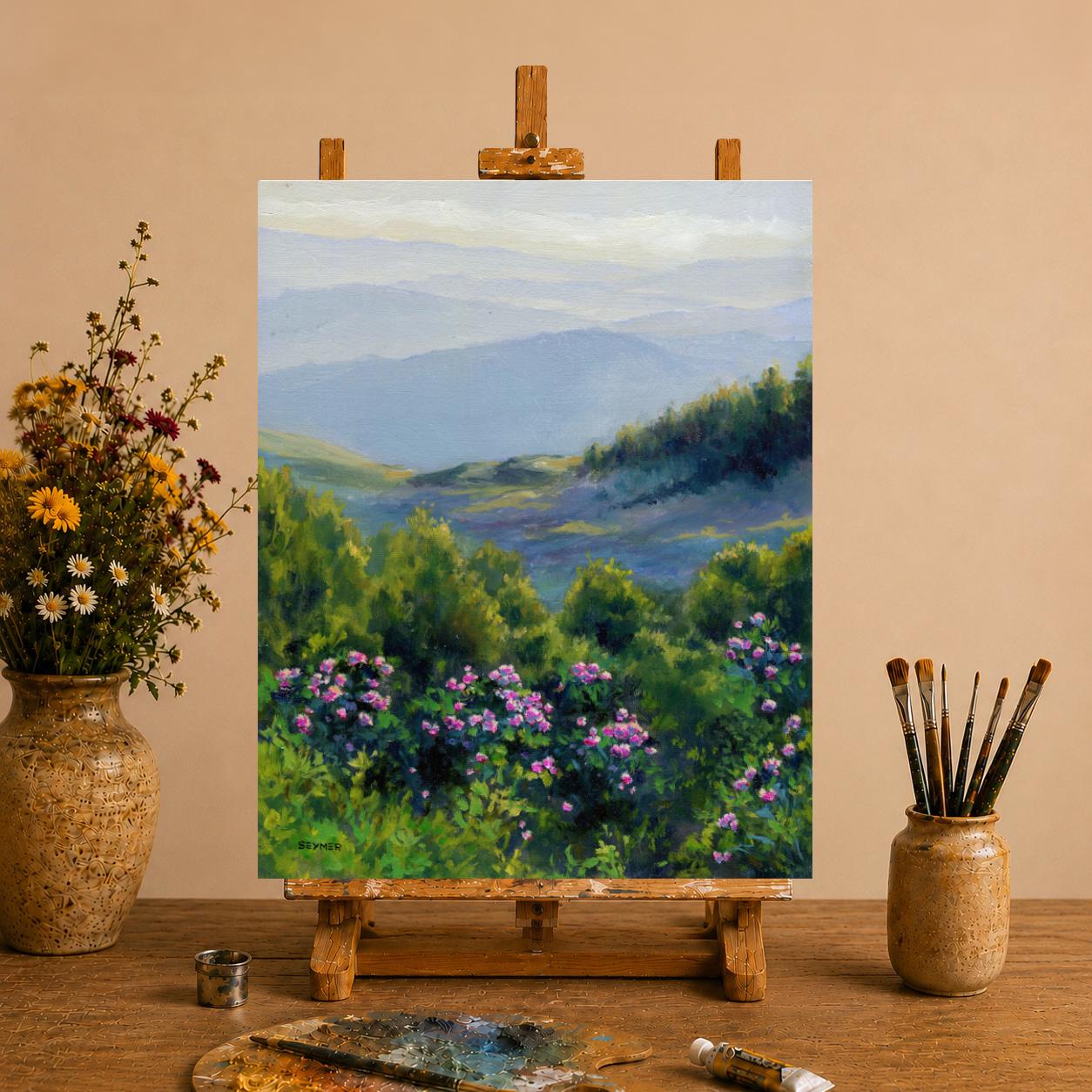 山岳風景油絵、夏の花の風景ファインアート、カロライナ山脈のパノラマ