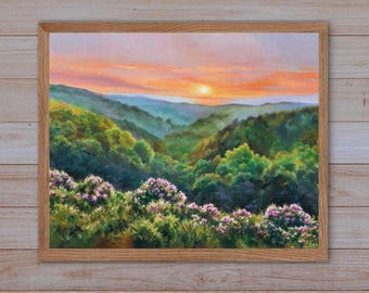 Blue Ridge PRINT wall art, Colorful landscape wildflowers painting, Virginia mountains flowers spring art Happy nature summer cabin decor