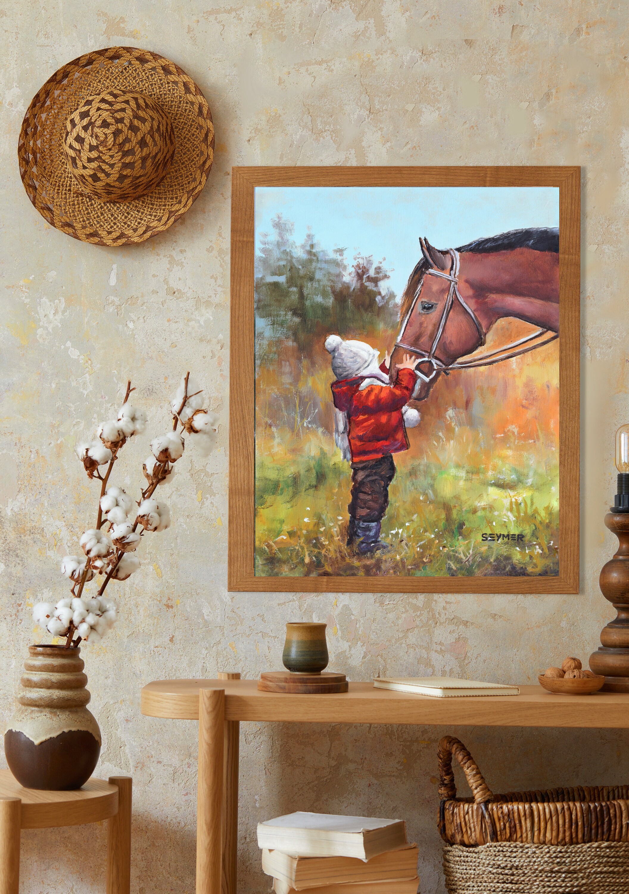 子供用オリジナル油絵 茶色の馬 カントリー風ホームデコレーション 額