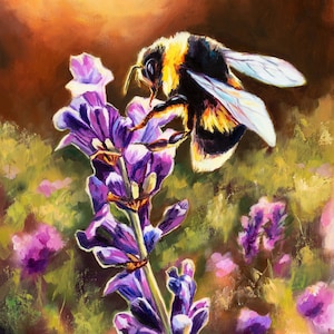 May include: A bumblebee with yellow and black stripes pollinates a purple lavender flower. The flower is in focus, and the bumblebee is slightly out of focus. The background is a blurred field of lavender flowers.