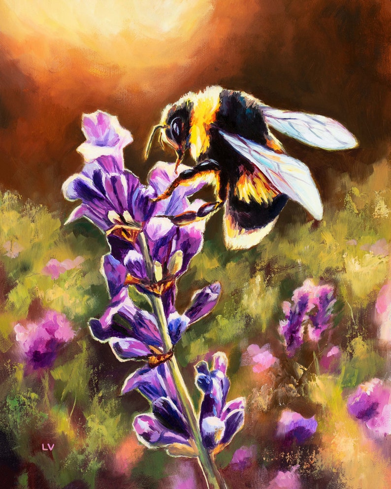May include: A bumblebee with yellow and black stripes pollinates a purple lavender flower. The flower is in focus, and the bumblebee is slightly out of focus. The background is a blurred field of lavender flowers.