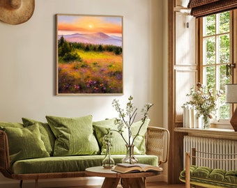 PNW オリジナル絵画、野生の花の春の風景、コロンビアの丘の壁画、谷の