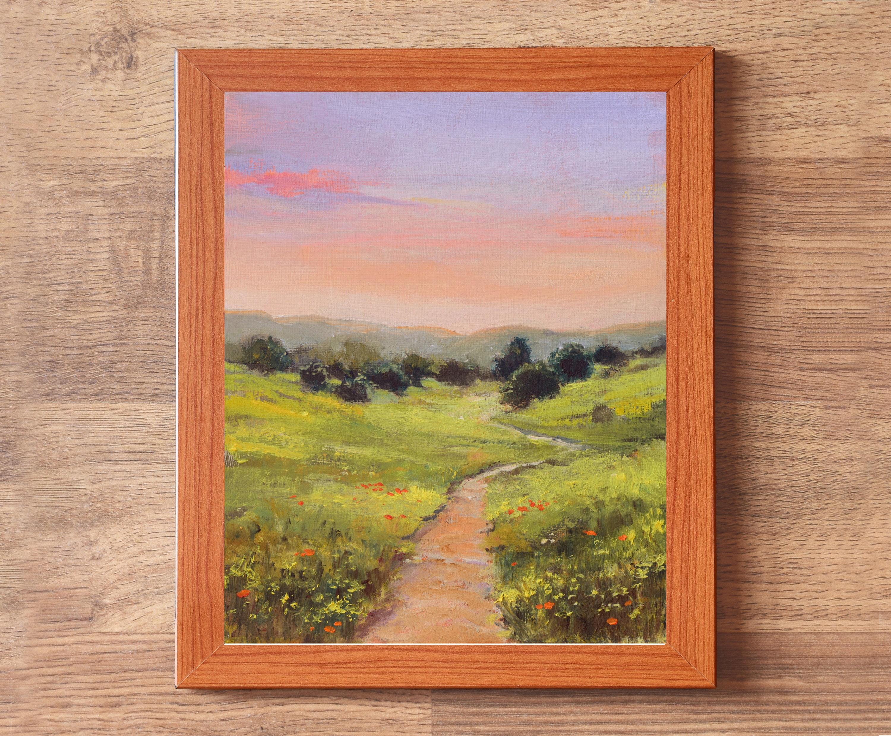 田舎道の絵画、草原の風景画、日の出の油絵、ピンクの空のアート、田舎