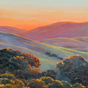 California hills painting, Sunset landscape oil painting, California oak landscape, Framed country landscape art, Rural decor wall art