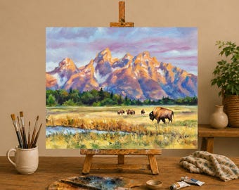Wyoming mountains ORIGINAL painting, Tetons landscape bison, Wilderness oil painting, Above fireplace mantle art Rustic mountain house decor