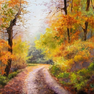 Autumn forest ORIGINAL painting, Fall landscape warm colors, New Hampshire autumn art, Cozy forest path artwork, Foliage tree orange tones