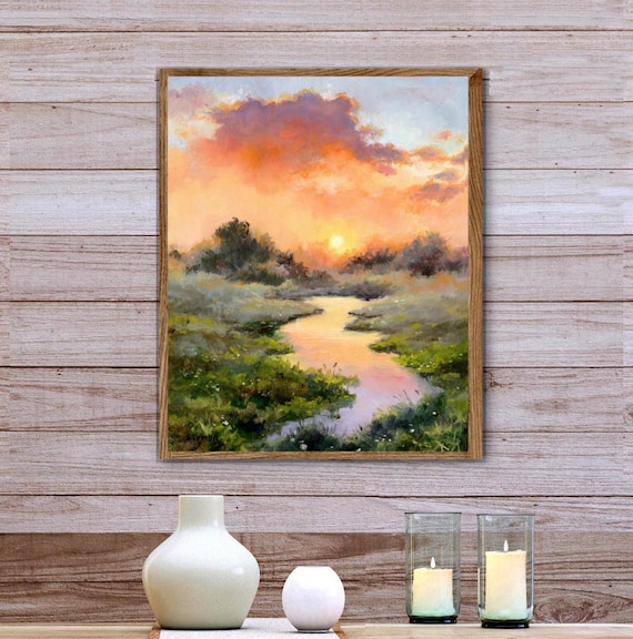 川の反射アートプリント、カラフルな自然の絵画、夕焼けの田舎の