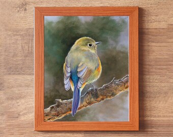 鳥のオリジナル絵画（額装済み）、かわいい鳥のリアルなアート