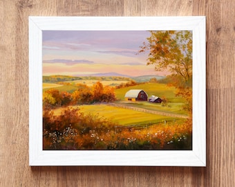 アメリカのカントリー農場風景のアート・タイル 春と秋の2枚セット 素朴な農場のオリジナル絵画、カントリーリビングアメリカンアート