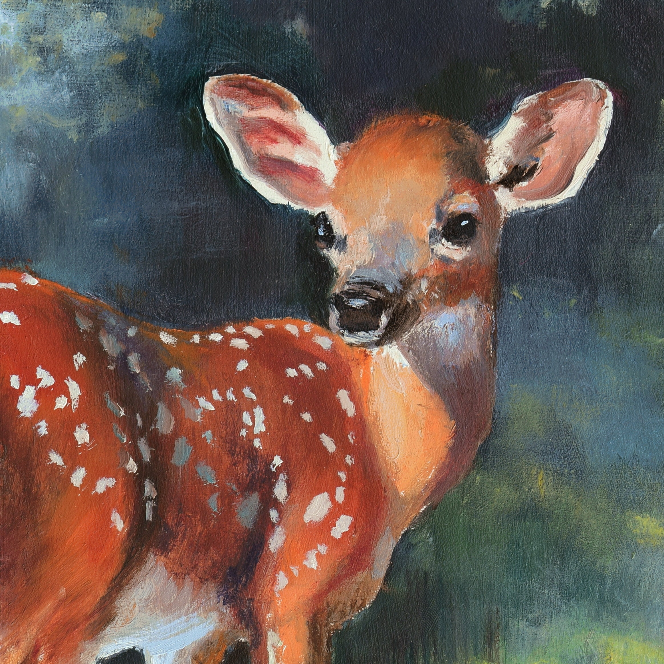 子鹿のオリジナルアートワーク、かわいい動物の油絵、小さな鹿のアート