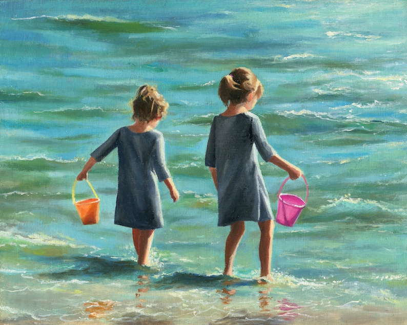 Children Playing on the Beach Painting PRINT, Sisters Portrait Artwork ...