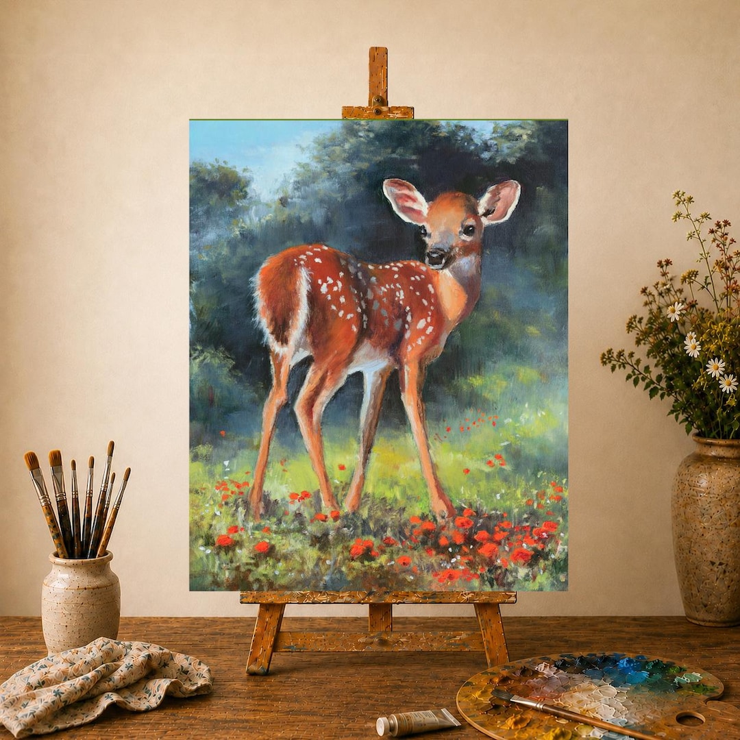 ポピー畑の子鹿の絵、子鹿の絵オリジナル、小動物の油絵、野生動物の