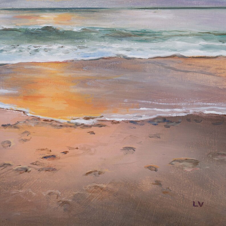 May include: An oil painting of a beach scene featuring wet sand with visible footprints in the foreground. The shoreline reflects a bright orange sunset, while gentle turquoise and white waves roll in from the horizon. The initials LV appear in the corner.
