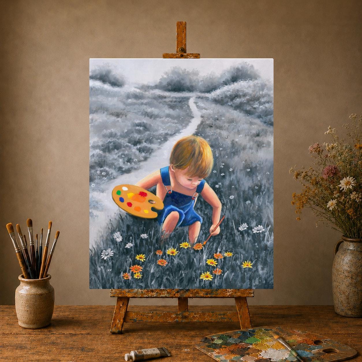 KID 油絵アート Happy Child Painting, Child in Field of Flowers Art, Vintage