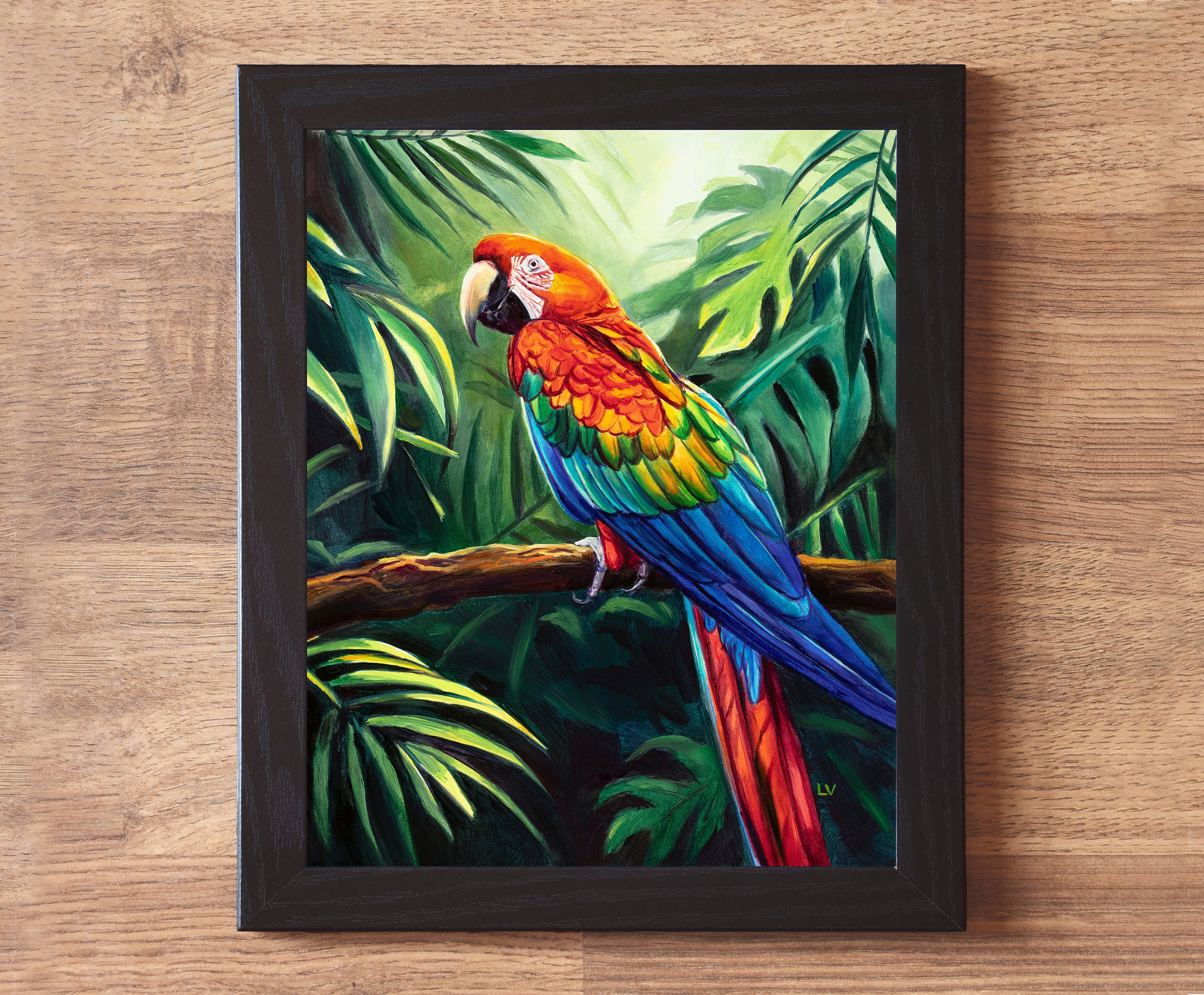 赤いオウムのオリジナル油絵、ジャングルコンゴウインコの肖像画、額