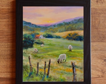 Tableau Toile Décoratif Paysage Pastoral - Troupeau De Moutons Au Coucher De Soleil - Neuf Sous Emballage