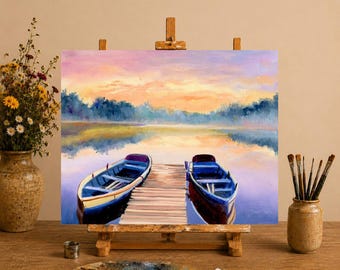 ORIGINELE boot kunst ingelijst, nautisch olieverfschilderij, zonsondergang meer landschap kunst aan de muur, meerhuis en hut decor, pier ontspannen leven vissersboot