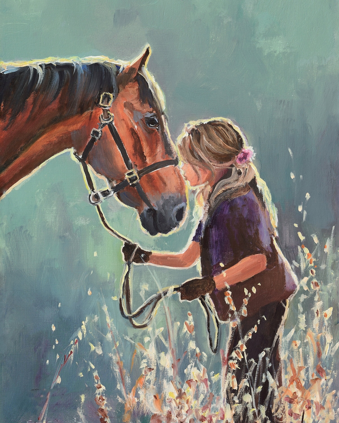 少女と馬の絵画オリジナル、カウボーイの馬のアートワーク、南西部の
