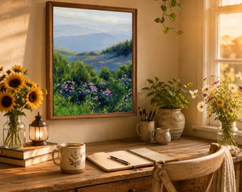 山岳風景油絵、夏の花の風景ファインアート、カロライナ山脈のパノラマ