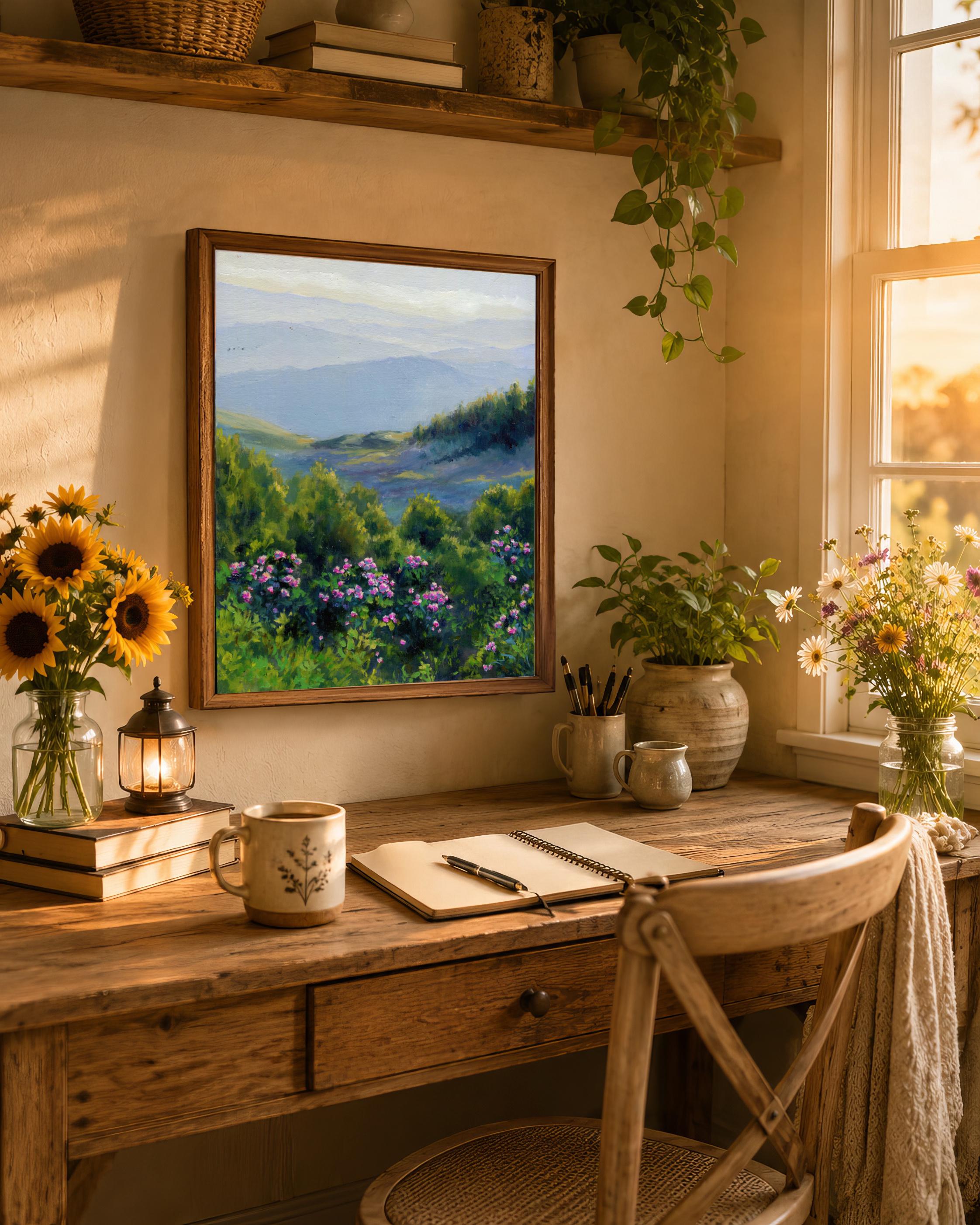 山岳風景油絵、夏の花の風景ファインアート、カロライナ山脈のパノラマ