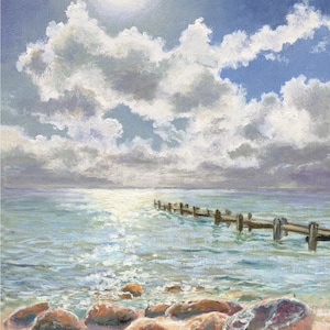 Beach ORIGINAL oil painting, Seascape artwork, Sunny coastal beach, Small seaside wall art framed, Coastline painting, Beach house decor