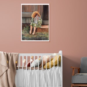 May include: A painting of a young girl sitting on a porch step, holding a white rabbit close to her chest. She is wearing a green dress and has red hair.