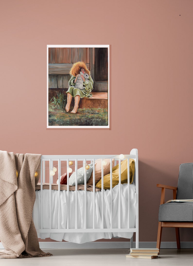 May include: A painting of a young girl sitting on a porch step, holding a white rabbit close to her chest. She is wearing a green dress and has red hair.