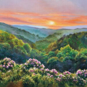 Long landscape blue mountains ORIGINAL art, Panoramic view Blue Ridge mountains artwork, House mountain decir, Carolina wildflower wood art