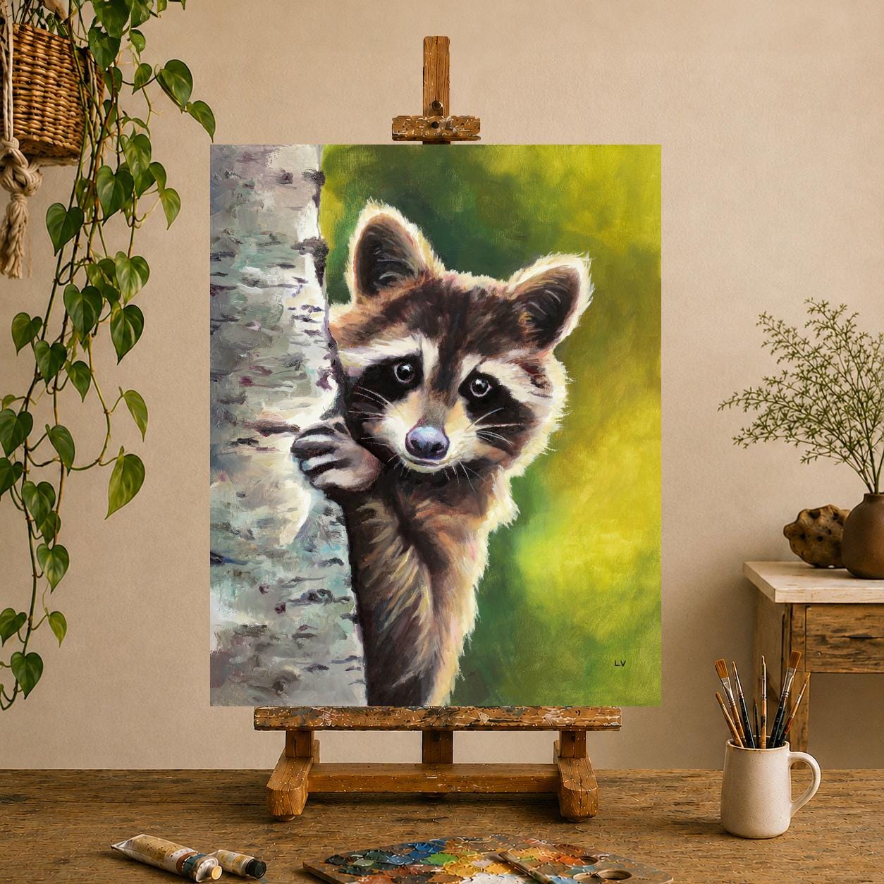 オリジナルのアライグマのアート作品、野生動物の油絵肖像画、森の