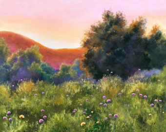 Peinture ORIGINALE de printemps de fleurs sauvages, peinture à l’huile de paysage de champ, art mural de fleurs de coucher du soleil, art de paysages de printemps, art de paysages de campagne