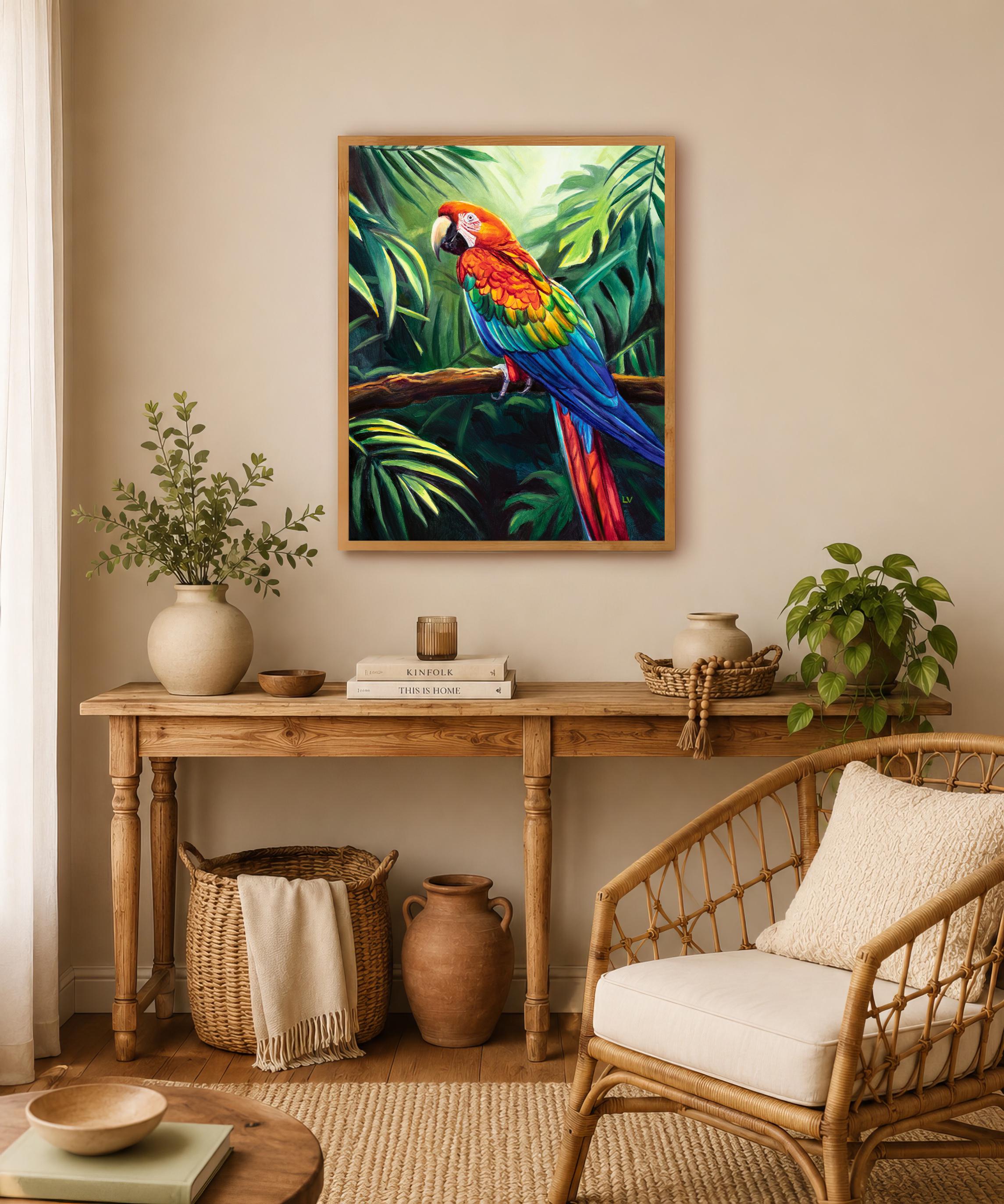 Red parrot ORIGINAL oil painting, Jungle macaw portrait, Tropical