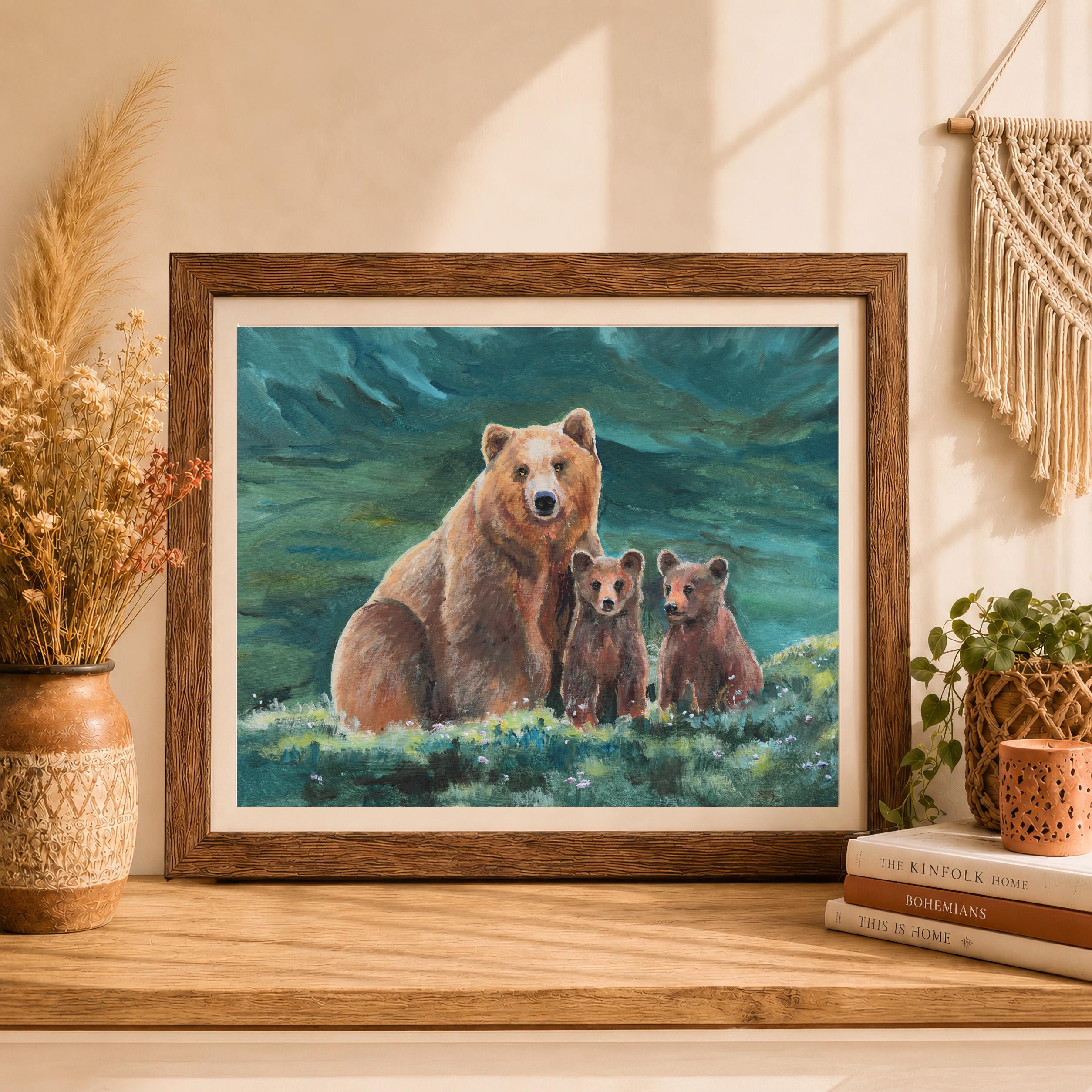 クマのアートプリント、母熊と子熊、ハイイログマの絵画、野生動物の