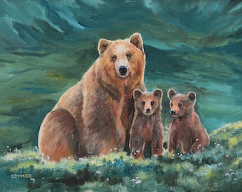 絵画。原画【クリスマスを迎えて可愛い熊ちゃん】 クマの油絵 オリジナル グリズリー クマの絵画 赤ちゃんの部屋の