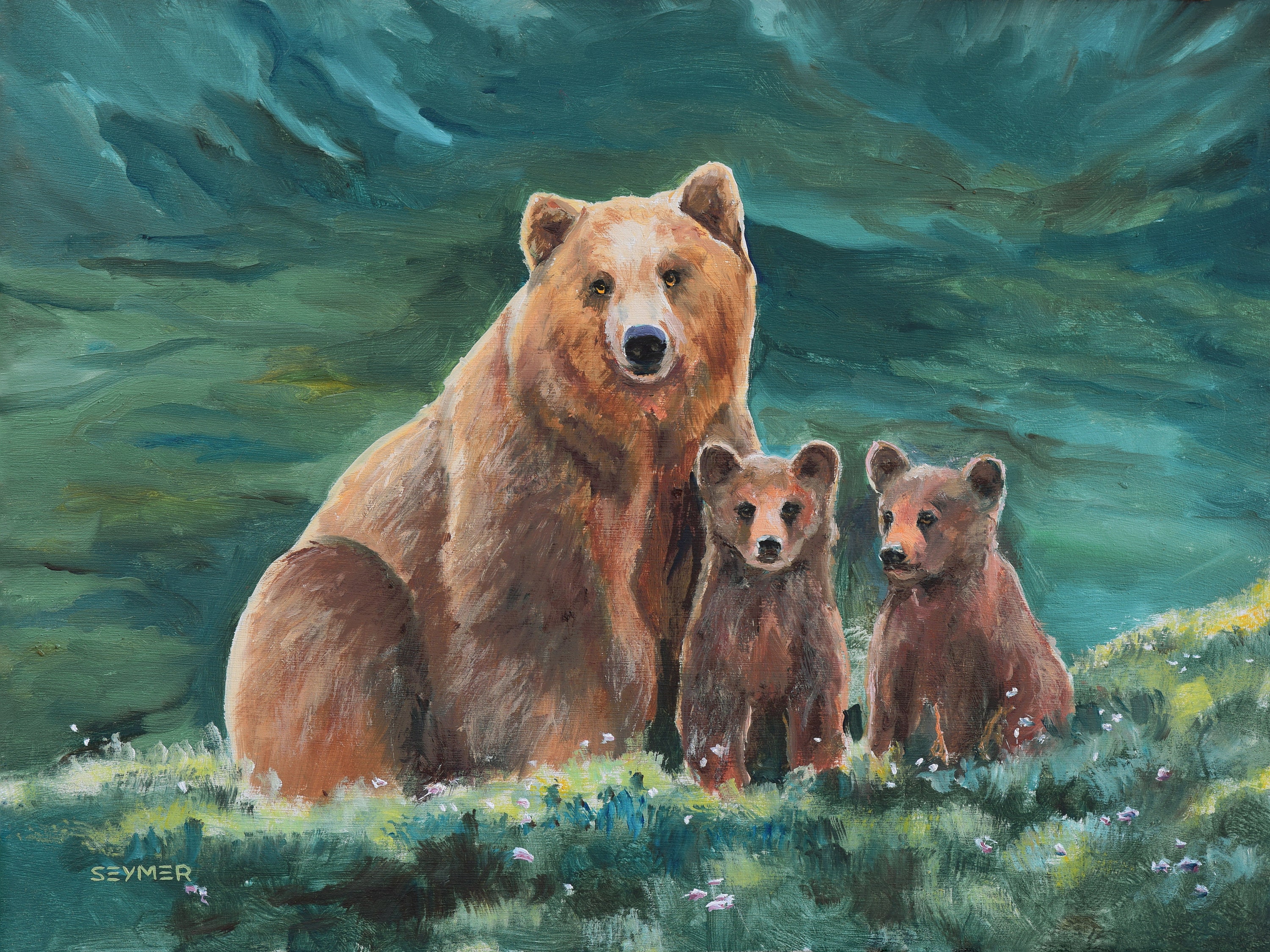 クマの油絵 オリジナル グリズリー クマの絵画 赤ちゃんの部屋の