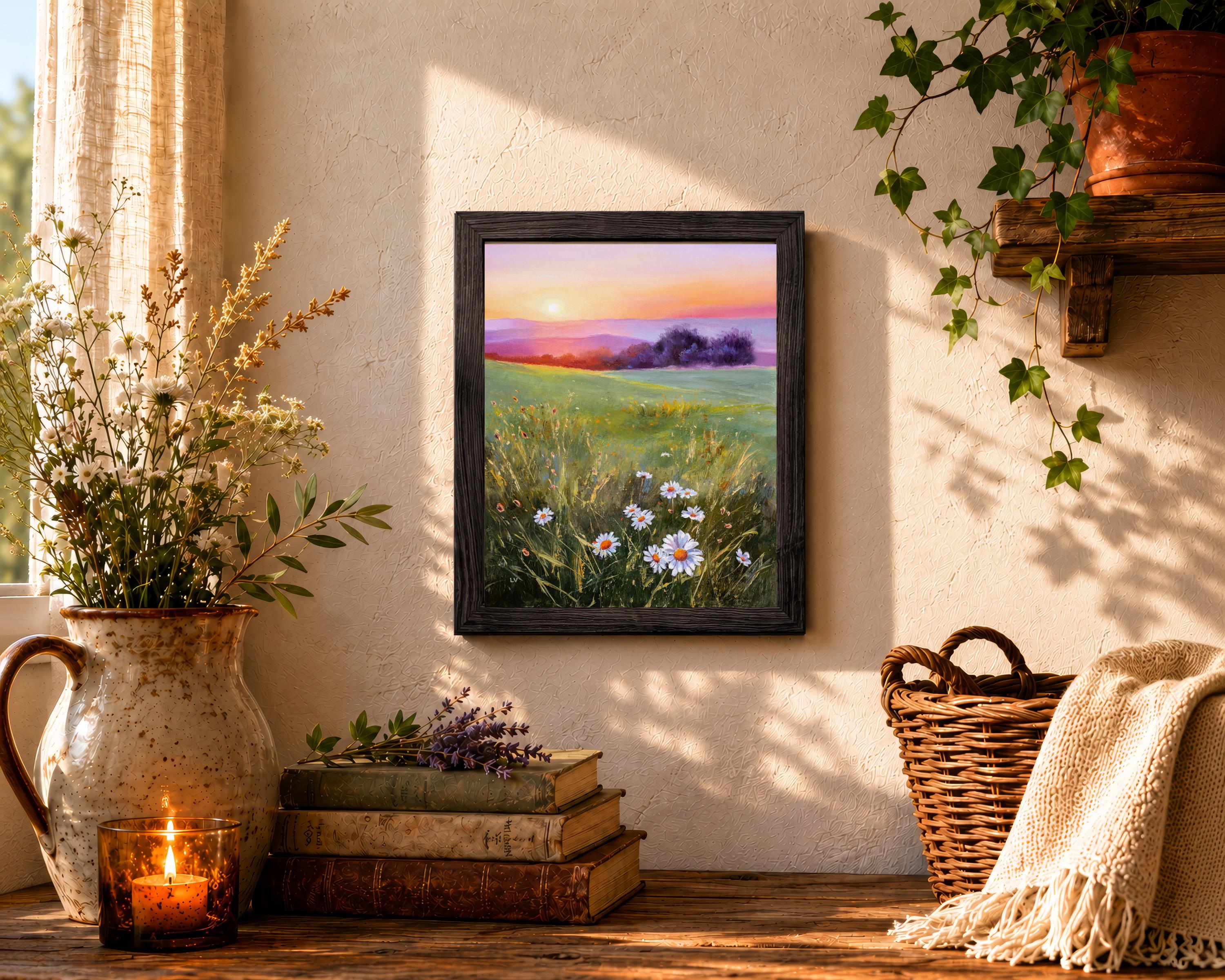 野の花のオリジナル絵画、草原のデイジーの風景、夕焼けの野の花の