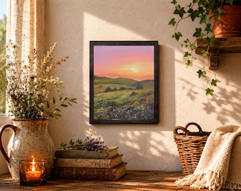田園風景のオリジナル絵画、日の出の風景画、山間の谷の油絵、夕暮れの