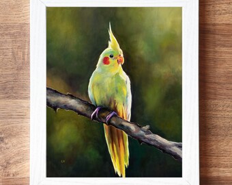 黄色いオウムのオリジナルアート作品、小さなオカメインコの壁掛け