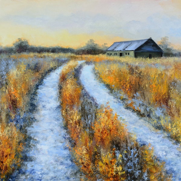 Winter sunrise landscape oil painting, Soft tones snowy path artwork, Calm famyard scene, Frosty road rustic barn Original art made to order