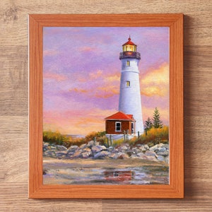 Lighthouse ORIGINAL painting, Sunset beach art framed, Crisp point lighthouse fine art, Seascape wall art Beach house decor Nautical artwork Brown frame