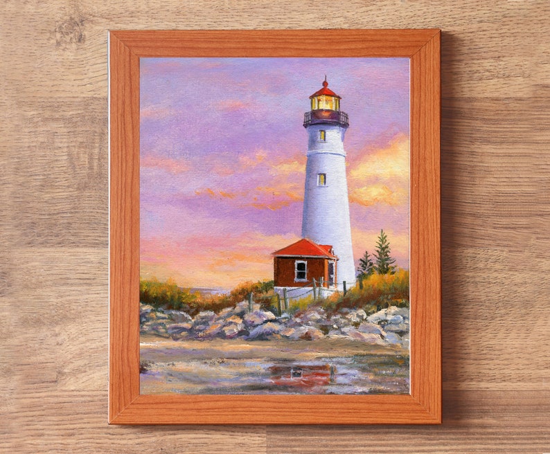 Lighthouse ORIGINAL painting, Sunset beach art framed, Crisp point lighthouse fine art, Seascape wall art Beach house decor Nautical artwork Brown frame