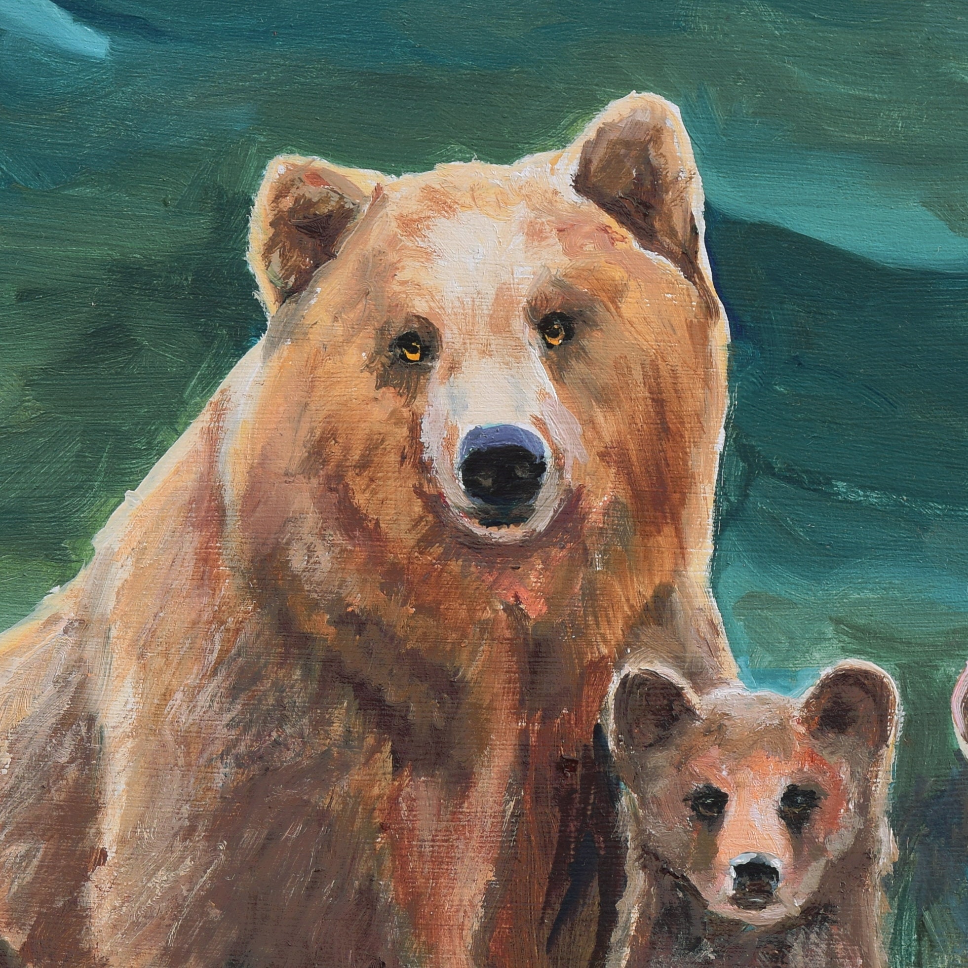 クマの油絵 オリジナル グリズリー クマの絵画 赤ちゃんの部屋の