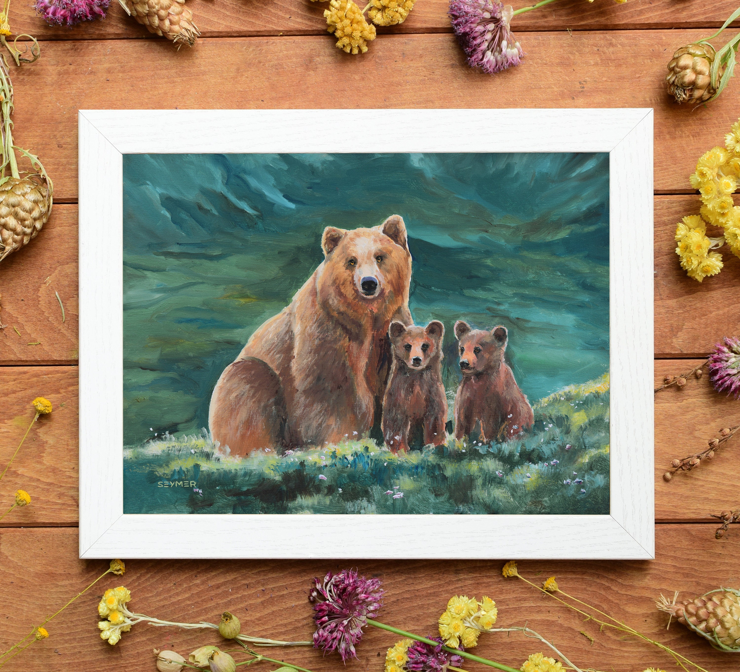 クマの油絵 オリジナル グリズリー クマの絵画 赤ちゃんの部屋の
