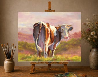 Cow painting farmhouse ORIGINAL, Landscape with cows, Dairy cow meadow artwork, Animal art, Vintage animal  Farmhouse decor, Cow lover gift