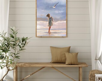 カモメの絵画プリント、カモメの少女の海のアート、海辺の小さな女の子
