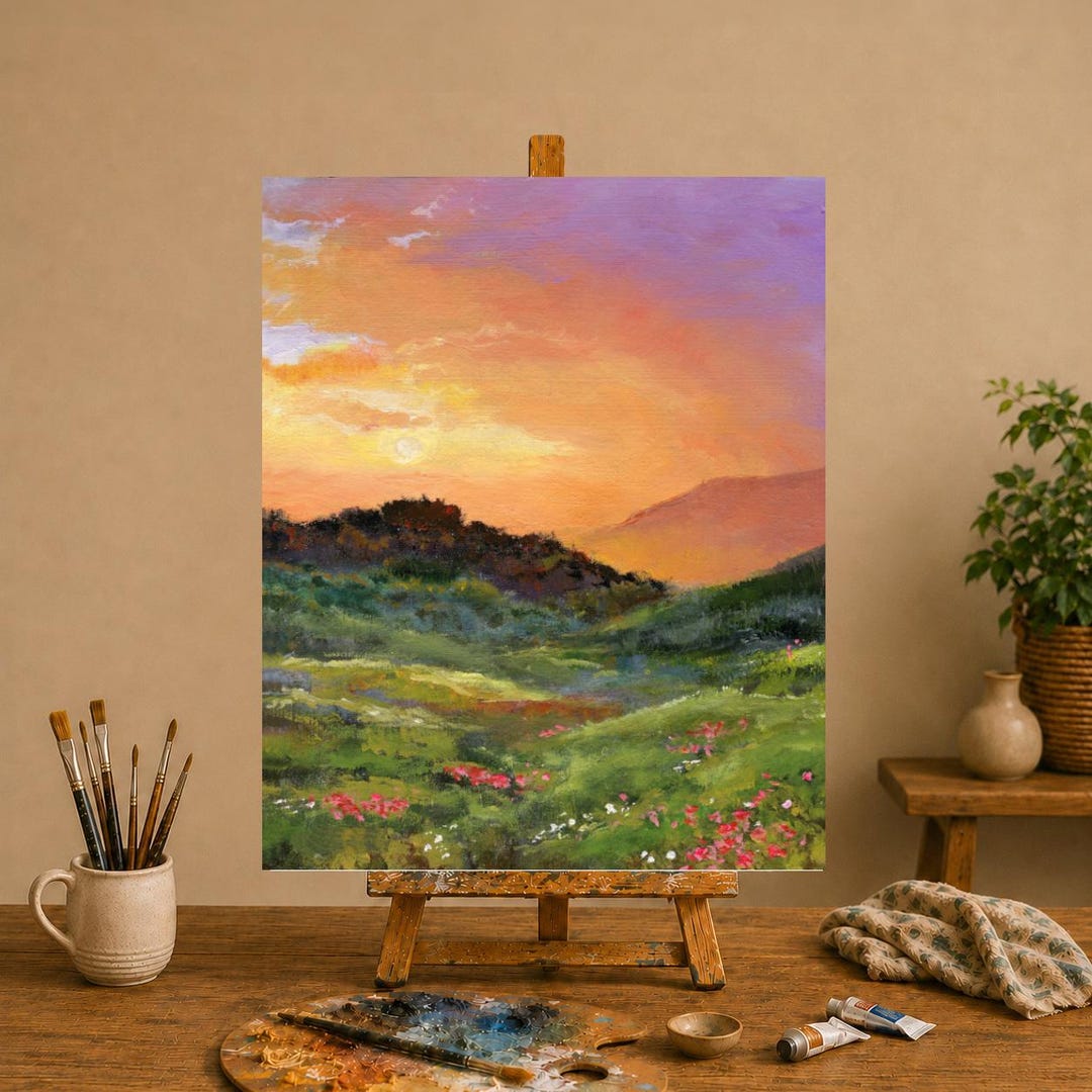 夕日の風景油絵オリジナル、額装された田園風景画、モダンな農家風絵画