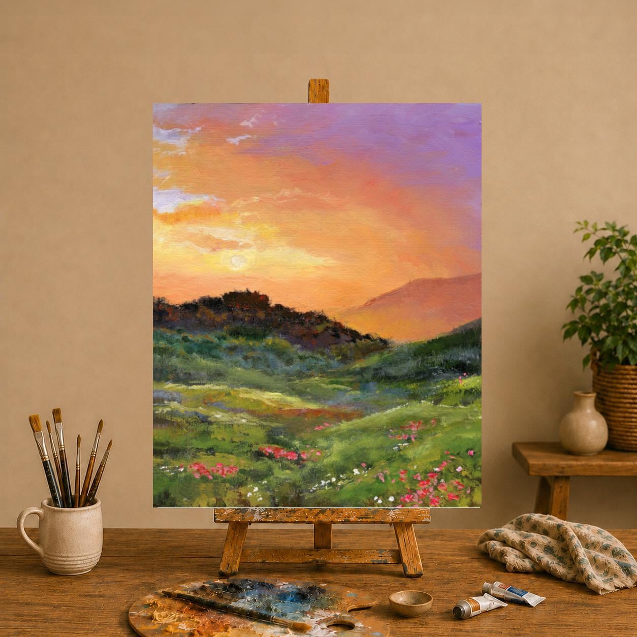 夕日の風景油絵オリジナル、額装された田園風景画、モダンな農家風絵画